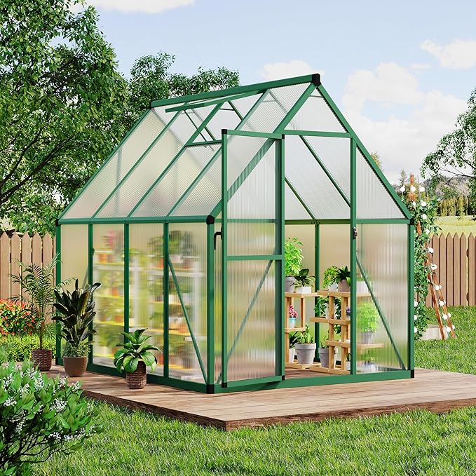 6x7 FT Outdoor Greenhouse, Polycarbonate Greenhouse with Roof Vent and Ground Nails, Aluminum Large Walk-in Green House w/ Lockable Push Door for Outside Garden Backyard (Green, 6x7 FT)