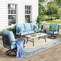 MFSTUDIO 4 Pieces Patio Conversation Sets(5 Seat), Outdoor Metal Furniture Sofa Set with 1 Loveseat(3 Seat), 2 Swivel Chairs, 1 Coffee Table, Steel Frame Patio Sets with Blue Cushion for Garden