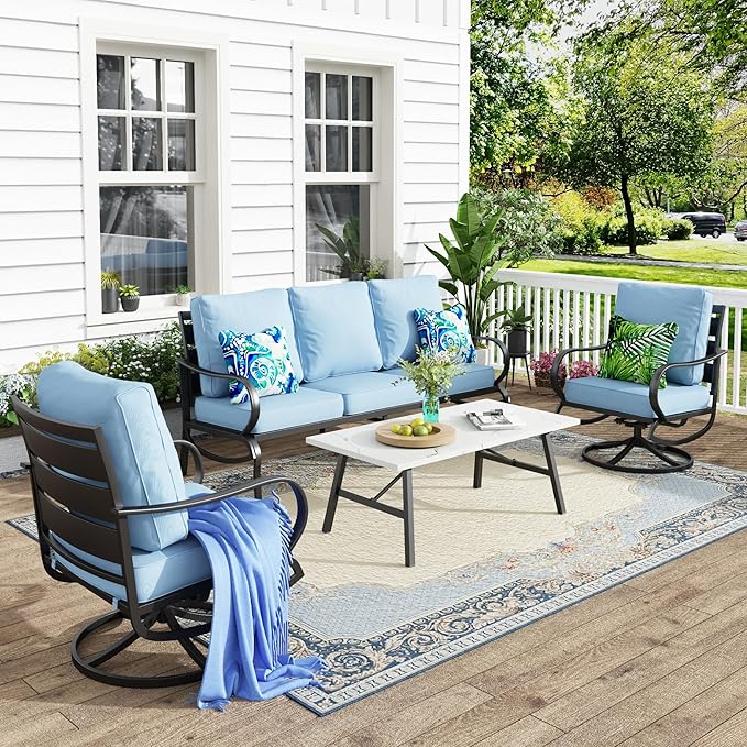 MFSTUDIO 4 Pieces Patio Conversation Sets(5 Seat), Outdoor Metal Furniture Sofa Set with 1 Loveseat(3 Seat), 2 Swivel Chairs, 1 Coffee Table, Steel Frame Patio Sets with Blue Cushion for Garden