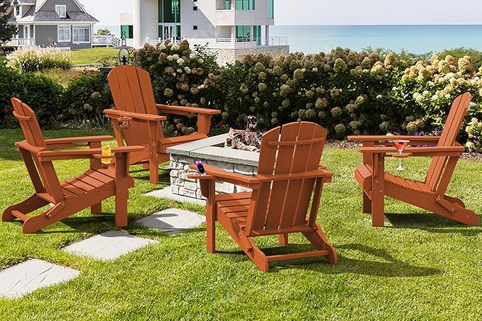 SERWALL Adirondack Chair with Cup Holders - Composite Adirondack Chairs Set of 6 HDPE Outdoor Chairs All Weather Use- Orange