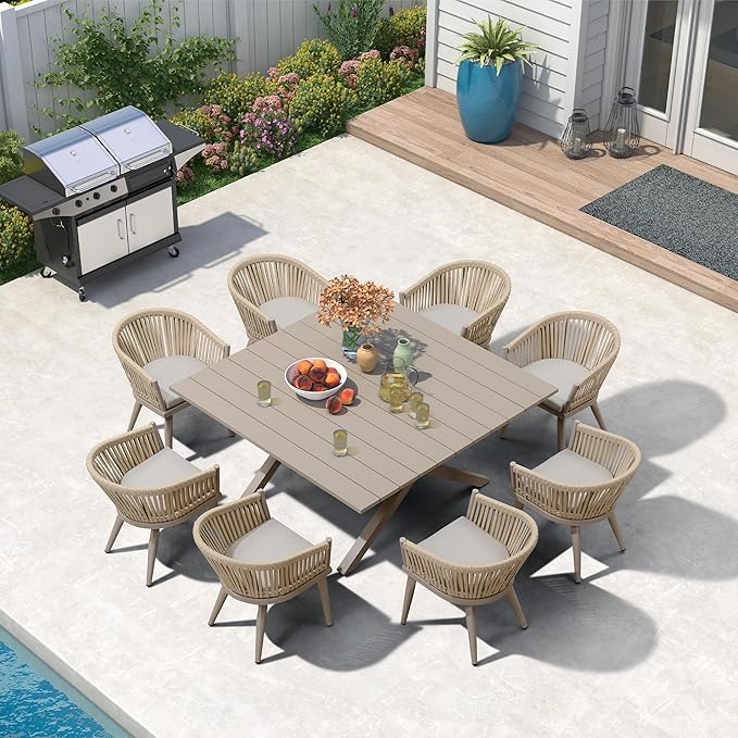 PURPLE LEAF 9 Pieces Outdoor Dining Set with Patio Aluminium Square Dining Table and Wicker Rattan Chairs Modern Furniture Cushions Sets for Backyard Indoor Decor Kitchen Champagne
