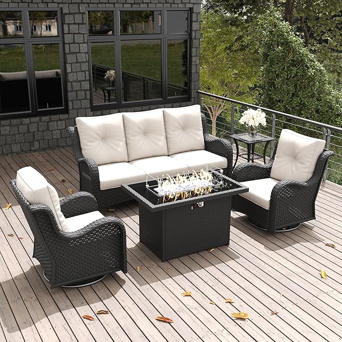 LayinSun 5 Pieces Outdoor Patio Furniture Set with Fire Pit Table, Rattan Wicker Sectional Swivel Rocker Chairs Sets with Swivel Glider Chair and Coffee Table
