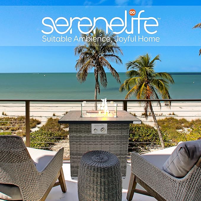 SereneLife Propane Fire Pit Table, 50000 BTU CSA/ETL Certified Safe Gas Table with Sturdy Wicker Base, Stainless Steel Burner, Glass Wind Guard & Cover, Outdoor Fireplaces for Parties
