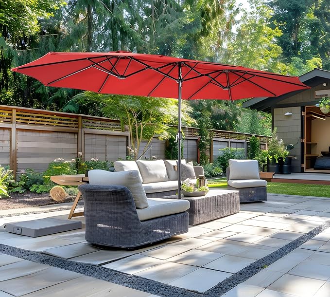 Bigroof 15ft x 9ft Patio Double-Sided Umbrella with Base & Crank, Extra Large Rectangular Outdoor Umbrella for Patio, Lawn & Garden, Beige