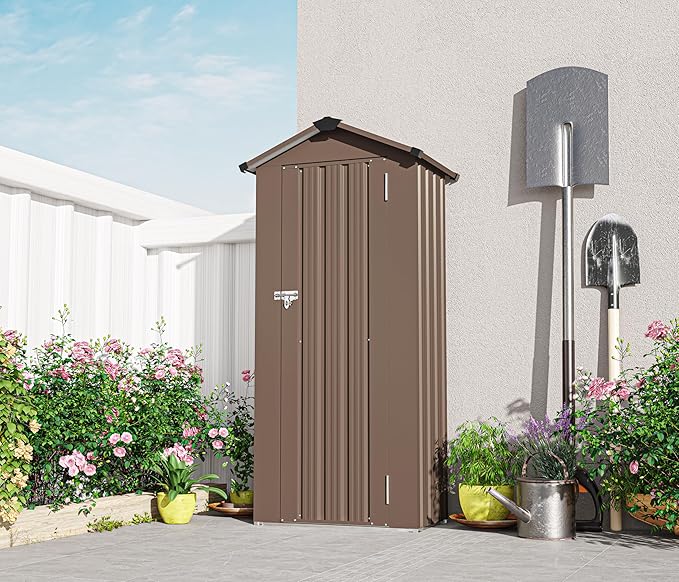 2.5x1.4 FT Outdoor Storage Shed, Tool Shed with Waterproof Roof and Lockable Door,Metal Shed with Adjustable Open Shelves for Backyard Garden Patio Lawn,Brown
