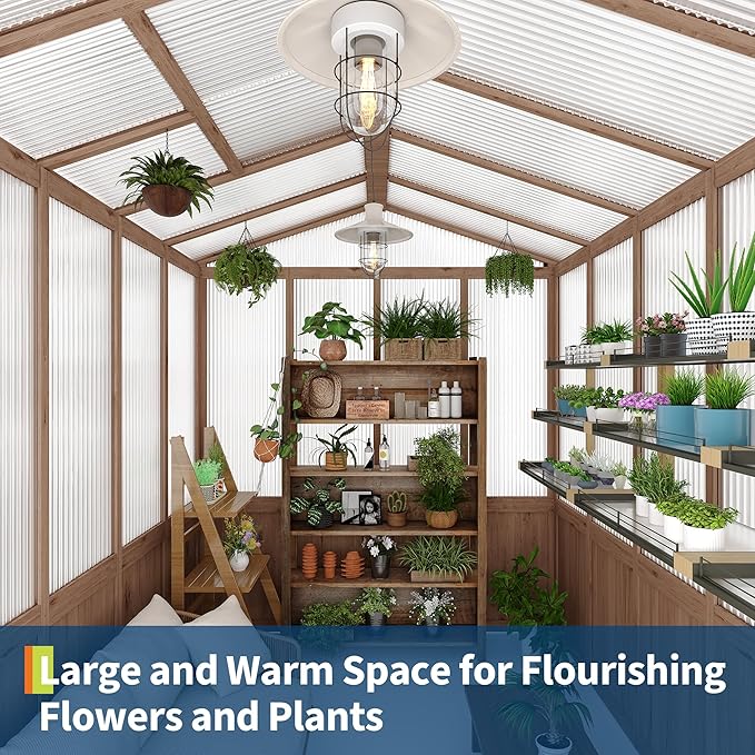 8x10FT Wooden Greenhouse with Cedar Frame, Outdoor Wood Greenhouses with Roof Vent, Wood and Polycarbonate Walk-in Greenhouse