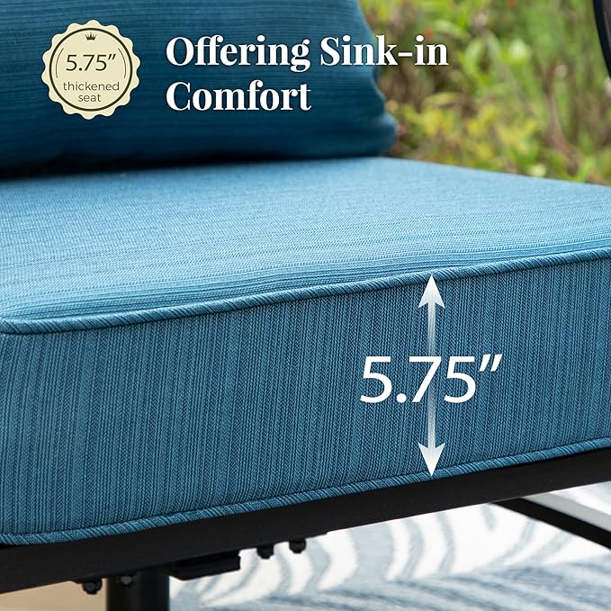 Patio Furniture Set, 6 Pcs Metal Outdoor Conversation Set, 2 Rocker Chairs, 2 Ottomans and 3 Seater Sofa with 5.75" Extra Thick Cushion and Gas Fire Pit Table, Gemstone Blue