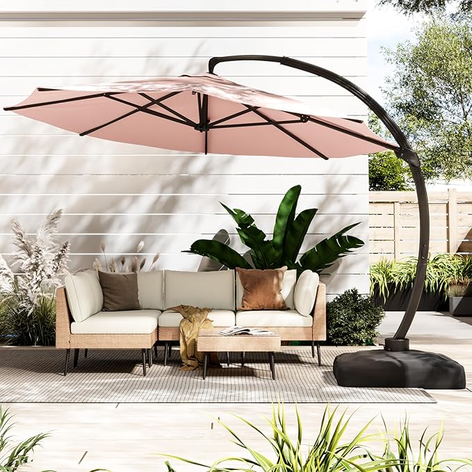 ENSTVER 11FT Cantilever Patio Umbrella With Base Included, Round Large Aluminum Outdoor Cantilever, Heavy Duty Offset Umbrella with 360°Rotation for Pool, Deck, Backyard, Garden(Pink)