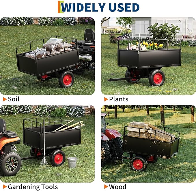 GarveeLife ATV Trailer Tow Behind Steel Dump Cart, 750 lbs 17 Cubic Feet Heavy Duty Yard Garden Utility Trailer Pull Behind with Removable Sides & All Terrain Tires for Lawn Mower, Tractor, Yard