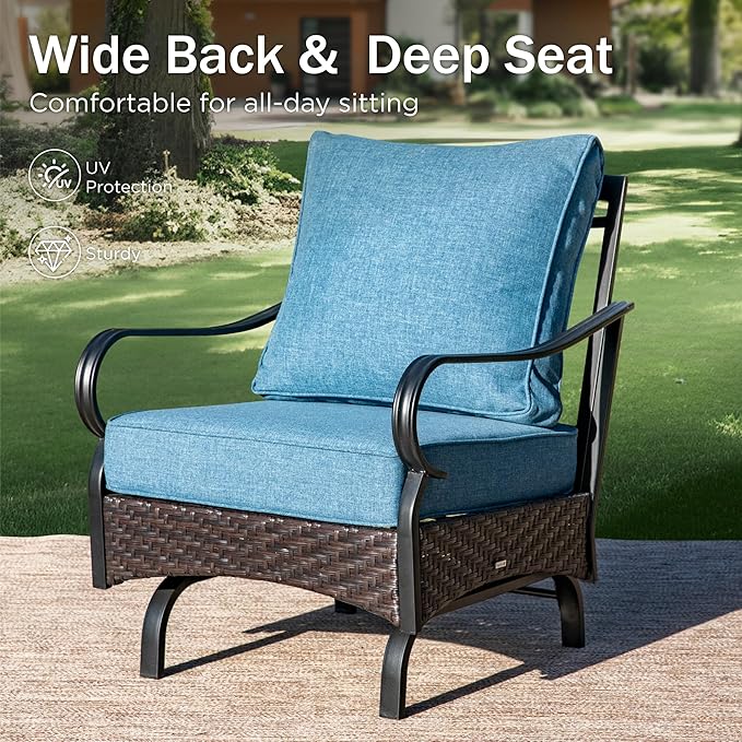 PHI VILLA Outdoor Modern Patio Furniture Set, Upgraded Wicker&Metal Patio Furniture Conversation Set with Waterproof Thick Cushions for Porch, Poolside, Deck, and Yard (4 Pieces,Navy)