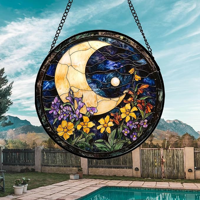 JOSUMALY Stained Glass Window Hanging - Blue Night Sky Moon Suncatcher for Door Terrace Garden Home Decor Wildflowers Sun Catcher Birthday Gifts for Lovers Women Men Dad Mom Nana 6.3 in