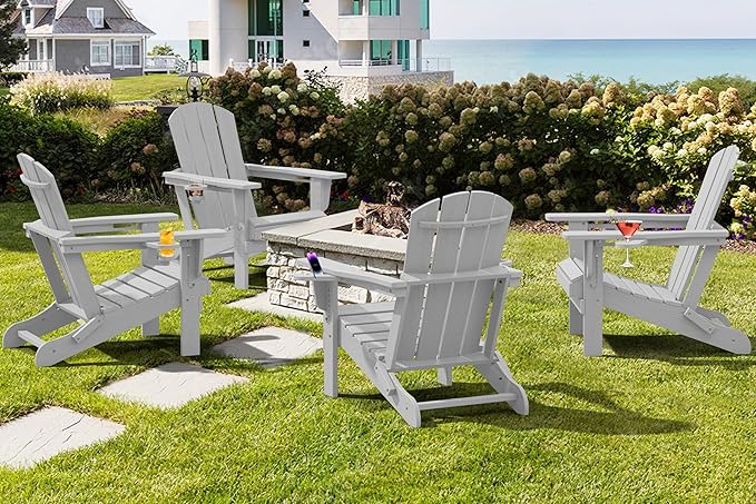 SERWALL Adirondack Chair with Cup Holders - Composite Adirondack Chairs Set of 6 HDPE Outdoor Chairs All Weather Use- Silver Gray