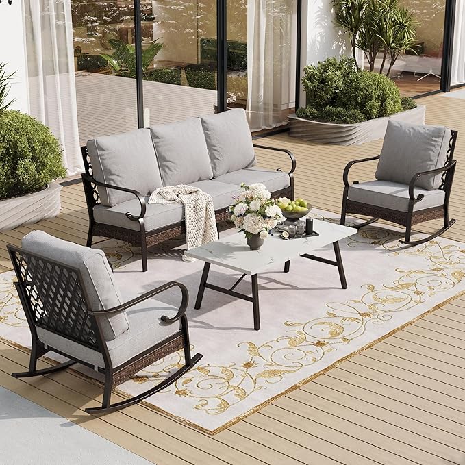 SUNSHINE VALLEY 4 PCS Metal Outdoor Patio Furniture Set, Patio Conversation Sets 1 3-Seater Sofa, 2 Rocking Chairs with 5.75" Extra Thick Cushion & Coffee Table, Black Backyard Furniture, Light Gray