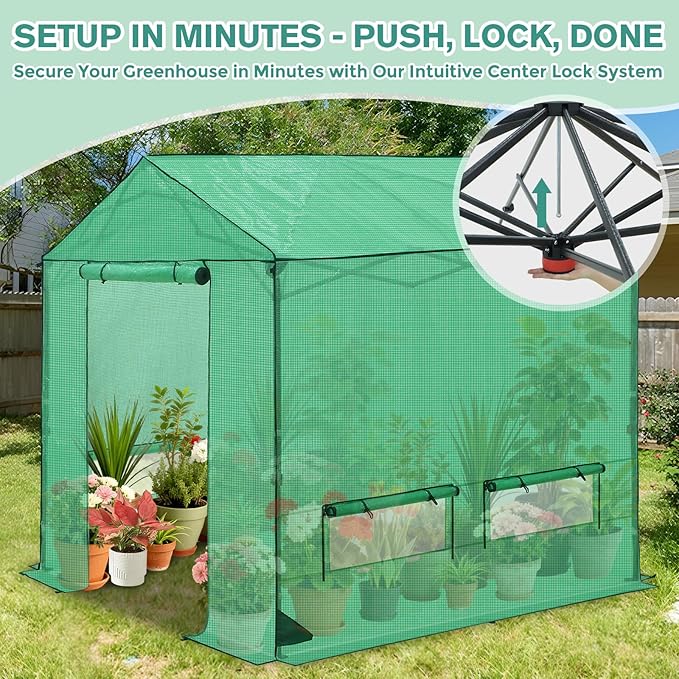 COOS BAY 8x8 FT Pop up Greenhouse Outdoor, Walk in Green House with Power Access Openings, Zippered Doors & Windows, Durable PE Cover, Green