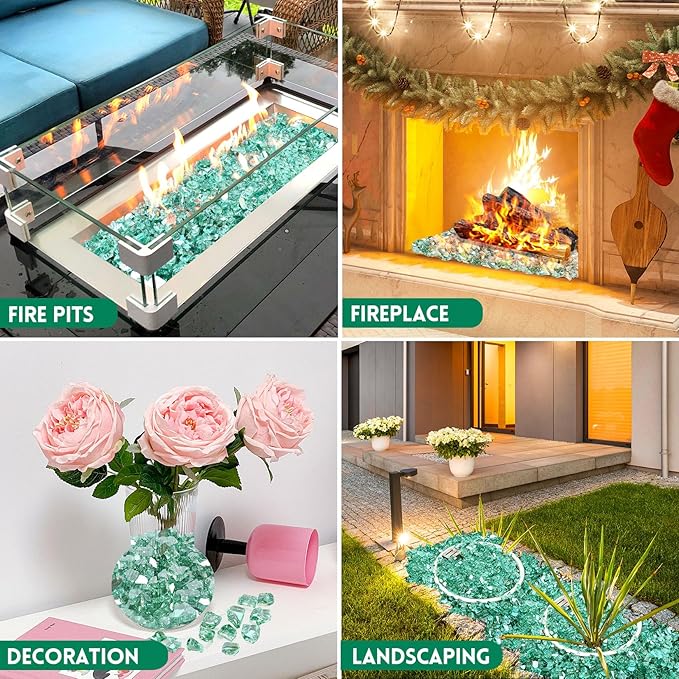 GasSaf 1/2 Inch Fire Glass Reflective Tempered Fireglass Cut Crushed FireGlass for Fire Pit, Fireplace, Replaces Existing Gas Logs & Lava Rocks (10 Pound)(Green Reflective)