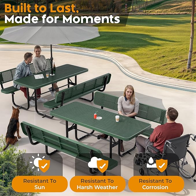 Commercial Heavy-Duty Metal Picnic Table with Backrest - ADA Compliant, Adjustable Seats, Umbrella Hole, Expanded Metal (Green, 6' Rectangular with Back)