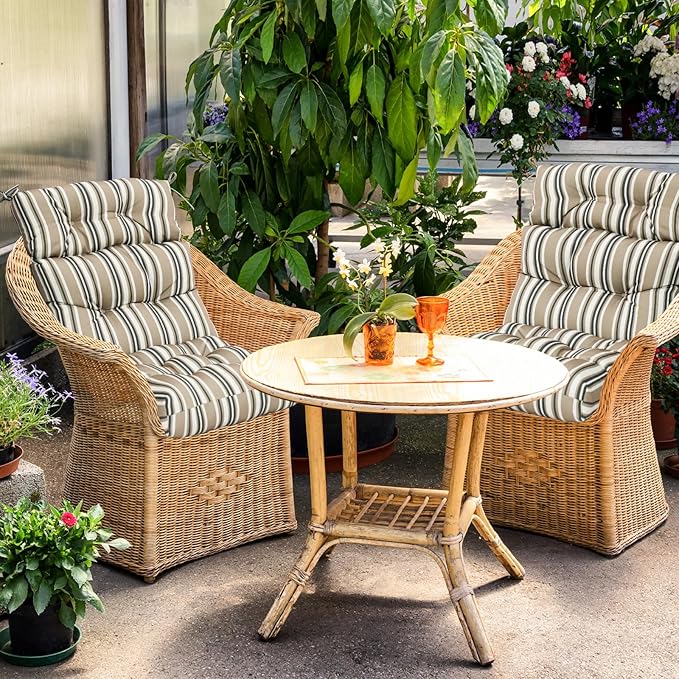 EAGLE PEAK Tufted Outdoor/Indoor High Back Patio Chair Cushions, Set of 4, 46'' x 22'', Beige Stripes