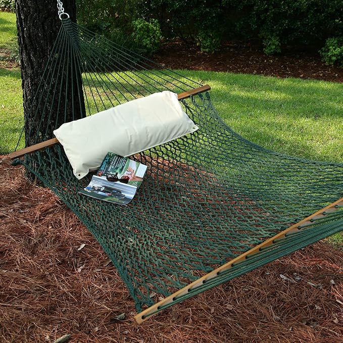 Original Pawleys Island Large Green DuraCord Rope Hammock – 13 ft. x 55 in., 2-Person, 450 lb Capacity, Oak Spreader Bar, Zinc-Plated Hardware, Handcrafted in The USA