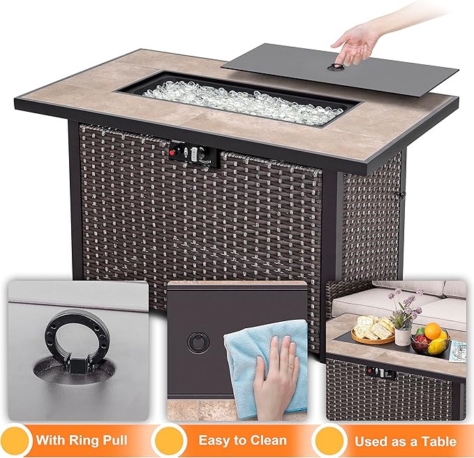 Nuu Garden 43 Inch Outdoor Propane Fire Pit Table 50000 BTU, Patio Gas Fire Pit with Ceramic Tabletop, Weather-Resistant Backyard Fire Table with Oxford Cover, Dark Brown and Coffe