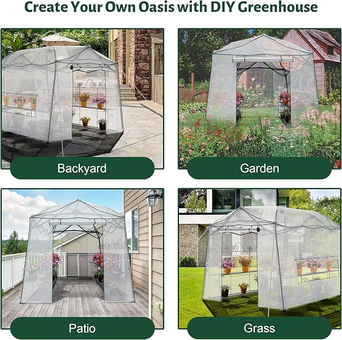 8.5 x 7 ft Walk-in Greenhouse, Portable Pop-up Green House 3 Adjustable Hights Heavy Duty Plant Gardening Canopy with Durable PE Cover for Indoor Outdoor (Clear and White)