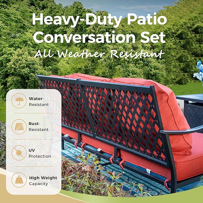 Patio Furniture Set, 4 Pcs Metal Outdoor Conversation Set, 2 Swivel Chairs and 3 Seater Sofa with 5.75" Extra Thick Cushion and Gas Fire Pit Table for Backyard Deck, Red