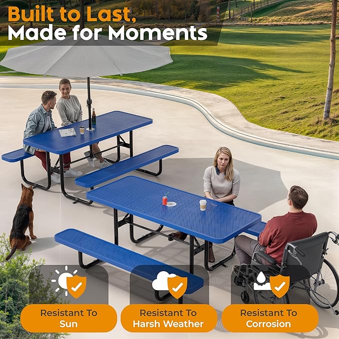 Commercial Heavy-Duty Metal Picnic Table - ADA Compliant, Adjustable Seats, Umbrella Hole (Blue, 6' Rectangular, Punched Steel)