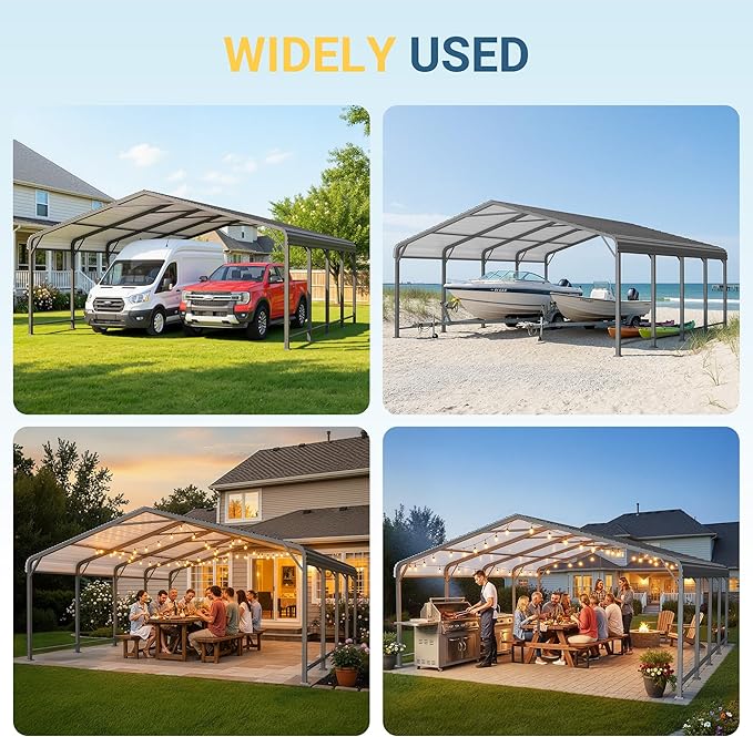 Wisteria Lane 20'x20' Metal Carport with Updated Roof & Enhanced Base, Heavy Duty Canopy Carport Garage, Vertaile for Car, Truck, Boat, Tractors, Party, Dark Gray