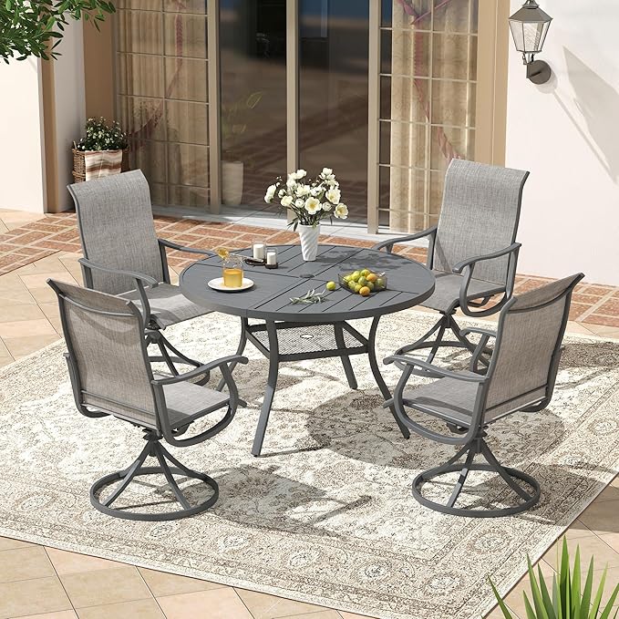 VICLLAX Round Patio Dining Table, 4 Person Metal Outdoor Dining Table with Umbrella Hole and Storage Shelf for Garden Lawn Deck, 40.6" Dark Grey