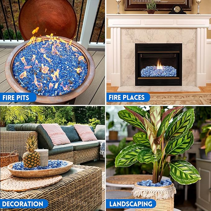 GasSaf 1/2 Inch Fire Glass Reflective Tempered Fireglass Cut Crushed FireGlass for Fire Pit, Fireplace, Replaces Existing Gas Logs & Lava Rocks (20 Pound)(Pacific Blue Reflective)