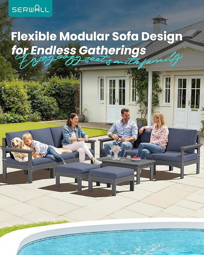 SERWALL 9 Pieces Patio Sofas, All-Weather HDPE Outdoor Sectional Sofa with Cushions and Coffee Table, Extra-Large Modular Conversation Set for Patio, Garden, Deck, Grey Frame with Grey Cushion