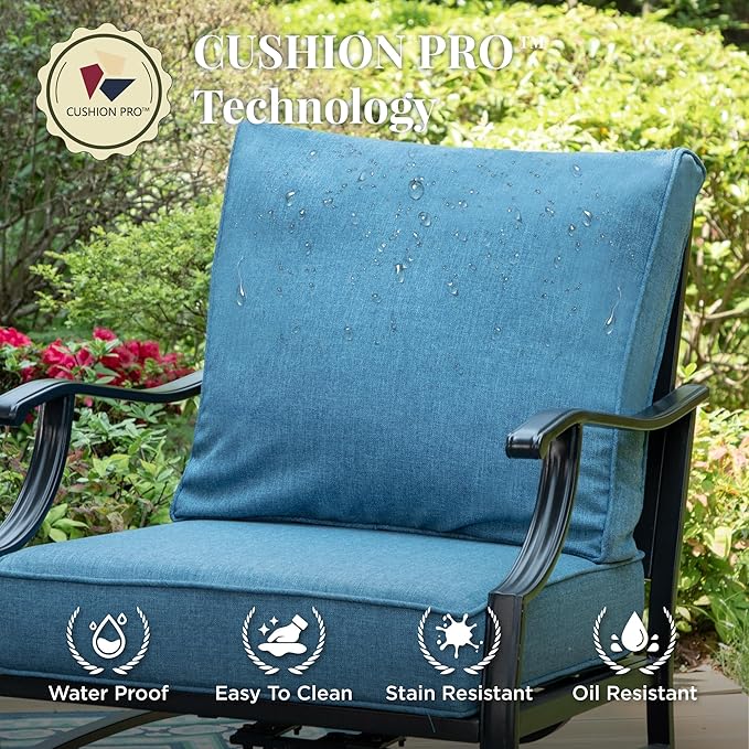 Patio Furniture Set, 4 Pcs Metal Outdoor Conversation Set, 2 Single Chairs and 3 Seater Sofa with 5.75" Extra Thick Cushion and Gas Fire Pit Table for Backyard Deck, Navy Blue