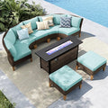 MFSTUDIO 8 Pieces Wicker Patio Furniture Set with 56" Fire Pit Table, All-Weather Rattan Half-Moon Sectional Sofa Patio Conversation Sets, 4 x Curved Sofa, 1 x Armless Chair, 2 x Ottoman(Aqua Blue)