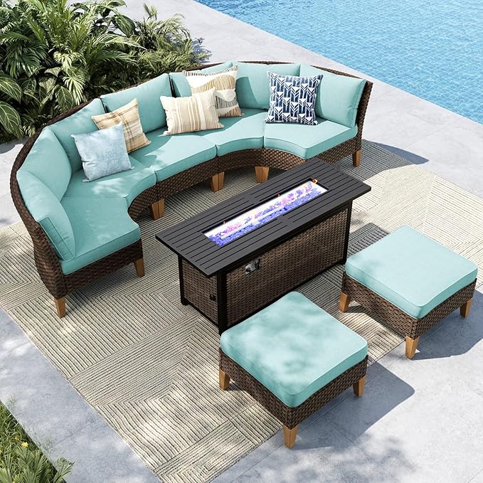 MFSTUDIO 8 Pieces Wicker Patio Furniture Set with 56" Fire Pit Table, All-Weather Rattan Half-Moon Sectional Sofa Patio Conversation Sets, 4 x Curved Sofa, 1 x Armless Chair, 2 x Ottoman(Aqua Blue)