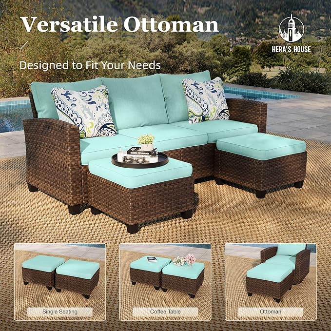 Small Patio Furniture Set, 3 Pieces Wicker Outdoor Sectional Set, L-Shaped Patio Couch Set, Modular Rattan Conversation Set with Lounge Sofa and Ottomans for Deck Lawn Garden, Blue