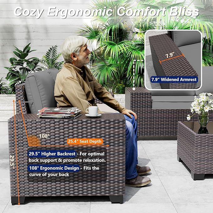 Outdoor Patio Furniture Set with Gas Fire Pit Table, 7 Pieces Patio Furniture Set Outdoor Sectional Sofa w/43in Propane Fire Pit, PE Wicker Rattan Patio Conversation Sets -Grey
