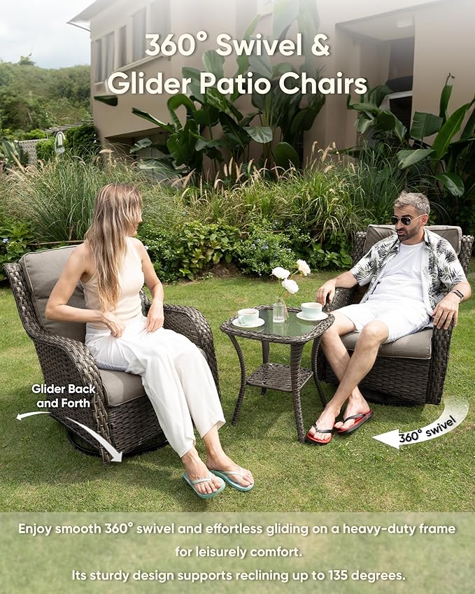 HUMMUH Patio Furniture Set with Fire Pit Table 5-Piece Wicker Outdoor Swivel Rocker Patio Chairs Loveseat Conversation Set for Porch, Backyard, Deck