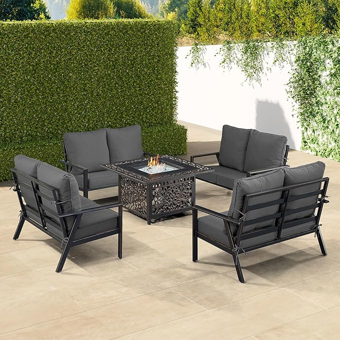 Oakland Living Black Aluminum Patio Fire Table Set with Four Deep Seating Loveseats with Cushions with Black Cushions