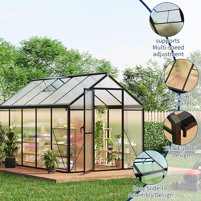 6x10 FT Greenhouse, Polycarbonate Walk-in Greenhouse for Outdoors with Roof Vent & Lockable Outward-Opening Swing Door, Heavy-Duty Aluminum Green House for Garden, Backyard, Patio, Lawn, Dark Grey