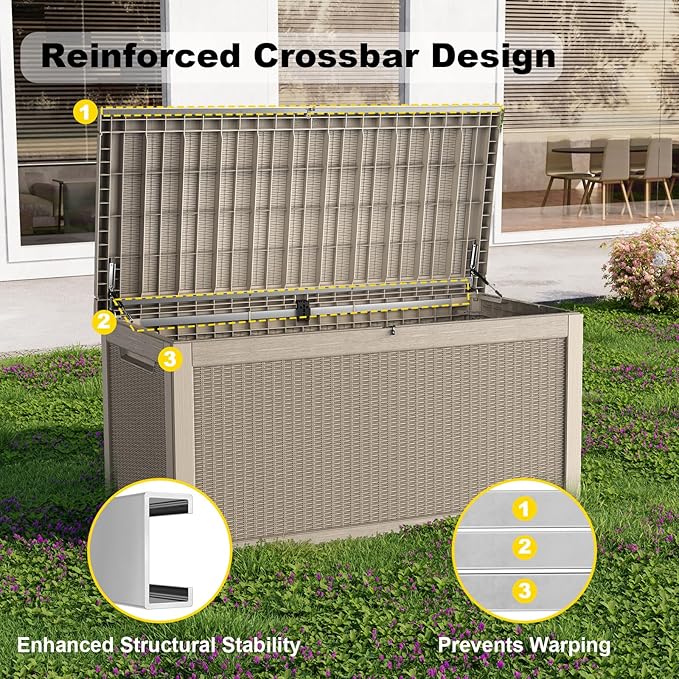 320 Gallon Outdoor Deck Box,Storage Lockable Waterproof Patio Furniture,Garden Tools,Cushions,Pool Accessories Outside Storage Resin Box(Grey)