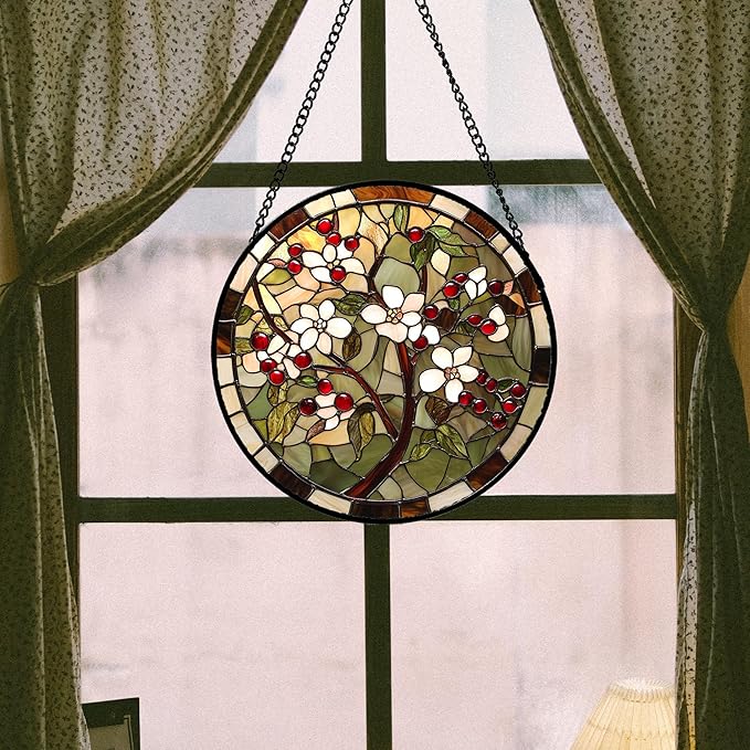 CRIS GIF Stained Glass Window Hanging - Hawthorn Tree Birth Flowers Suncatcher for Doors Garden Patio Sun Catchers Decor Christmas Mother's Day Birthday Gifts for Women Men Mom Nana Friend 9.8 in