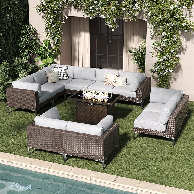 LayinSun 11-Piece Outdoor Modular Wicker Sectional Sofa with Fire Pit Table, Patio Furniture Conversation Set with Deep Seating and Thick Cushions