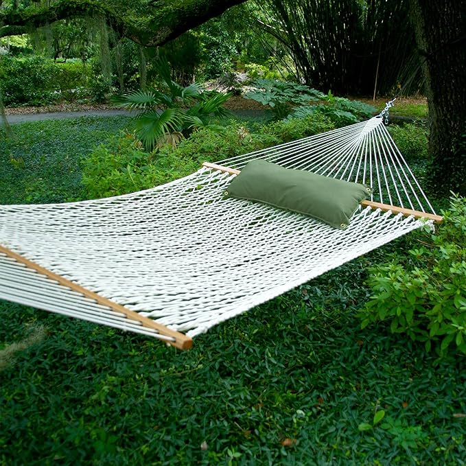 Original Pawleys Island Deluxe White DuraCord Rope Hammock – 13 ft. x 60 in., 2-Person, 450 lb Capacity, Oak Spreader Bar, Zinc-Plated Hardware, Handcrafted in The USA