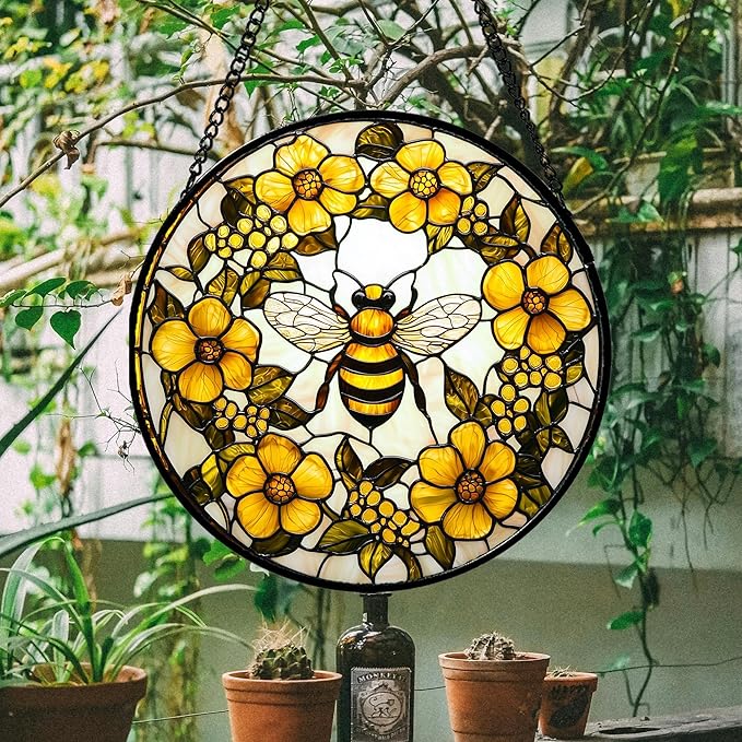 AMDERVEN Stained Glass Window Hanging - Yellow Flowers Surrounded by Bees Sun Catcher for Door Garden Home Decor Cute Suncatcher Christmas Mother's Day Birthday Gifts for Women Men Mom Nana 7.8 in