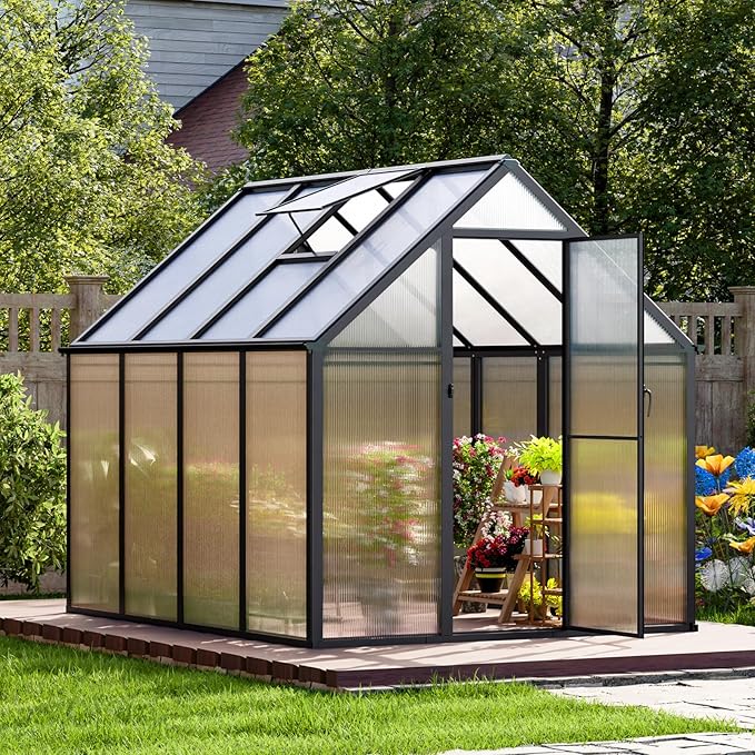 8.2x6.2 FT Outdoor Greenhouse, Easy Assembly Aluminum Heavy Duty Polycarbonate, Vent Window, Swing Door, Walk-in, for Sunroom, Patio, Backyard, Garden, Black
