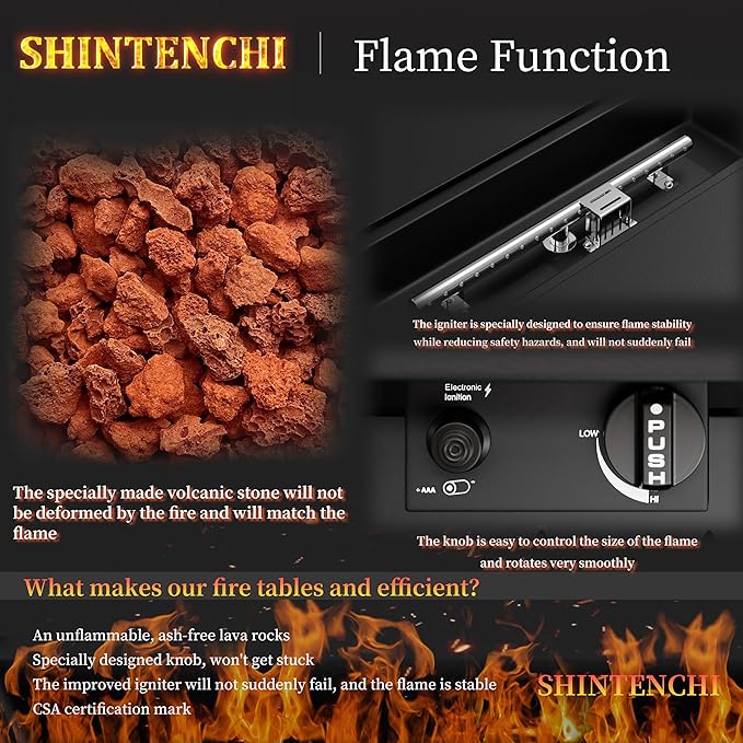 Shintenchi 43 Inch Outdoor Propane Fire Pit, 50,000 BTU Outdoor Fire Table, CSA-Certified Steel Propane Fire Pit with Lid and Lava Rock for Garden, Yard, Camping, Pool Use, Black