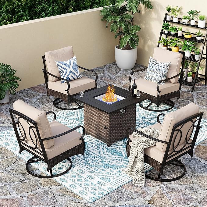 Patio Furniture Set with 32" Fire Pit Table, Patio Conversation Sets 4 Swivel Chairs with Thick Cushion and 50000 BTU Fire Pit Table (5 Pieces,Beige)