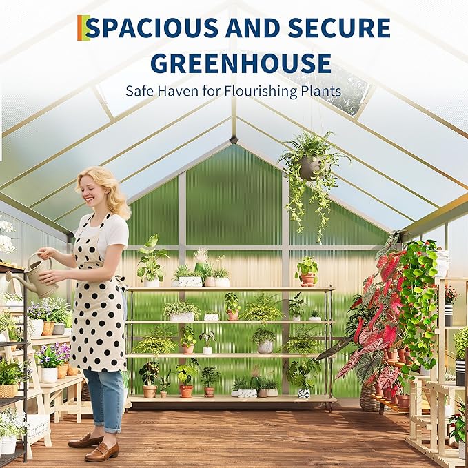 6x8 ft Greenhouse for Outdoors, Polycarbonate Greenhouse with Roof Vent, Ground Nails, Lockable Push Door, Aluminum Large Walk-in Green House for Outside Garden Backyard, Patio, Lawn, Silver