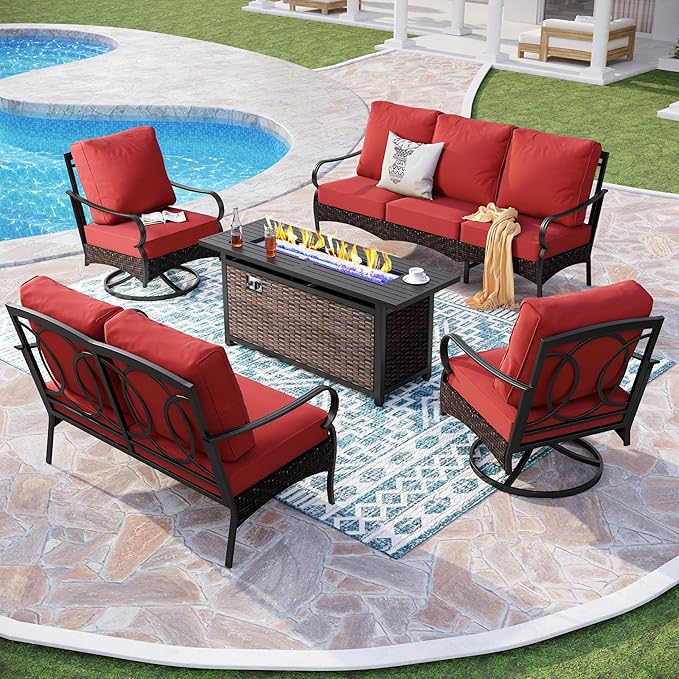 Patio Furniture Set with 56" Fire Pit Table, Premium Outdoor Wicker Metal Frame Furniture with Upgraded Waterproof Thick Cushions for Porch, Poolside, Deck, and Yard