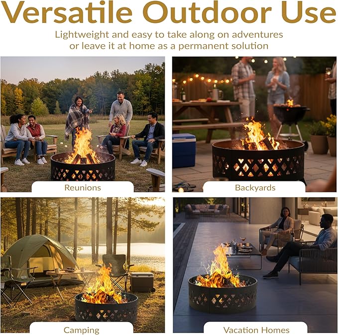 Sunnydaze 36-Inch Outdoor Fire Pit Ring with Poker - Round Heavy-Duty Steel Fire Ring for Camping or Backyard - Crossweave - 12" H