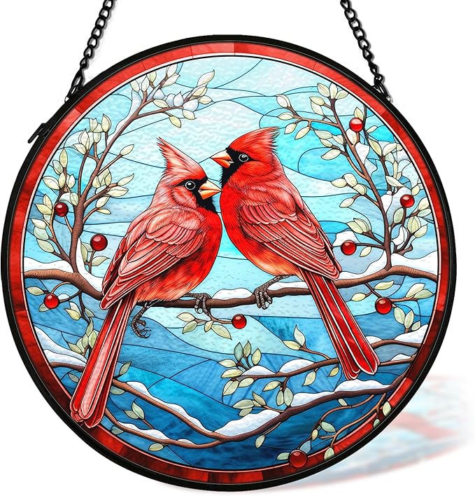 cvjutf Cardinal Suncatcher Stained Glass Window Hanging Decor, Winter Christmas Cardinal Stained Glass Wall Decor, Christmas Bird Lawn Garden Sun Catchers Indoor Window Hanging Wall Art, 7.9x7.9In